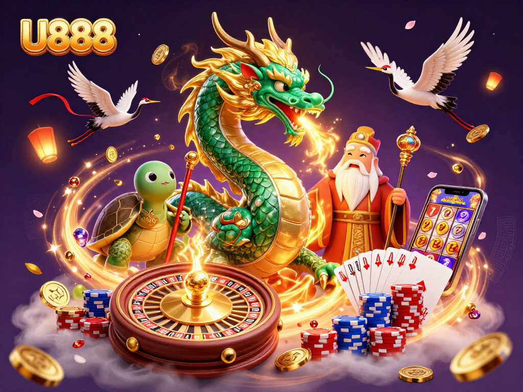Experience the excitement of U888 with a vibrant casino scene featuring a jade dragon and lucky cranes.