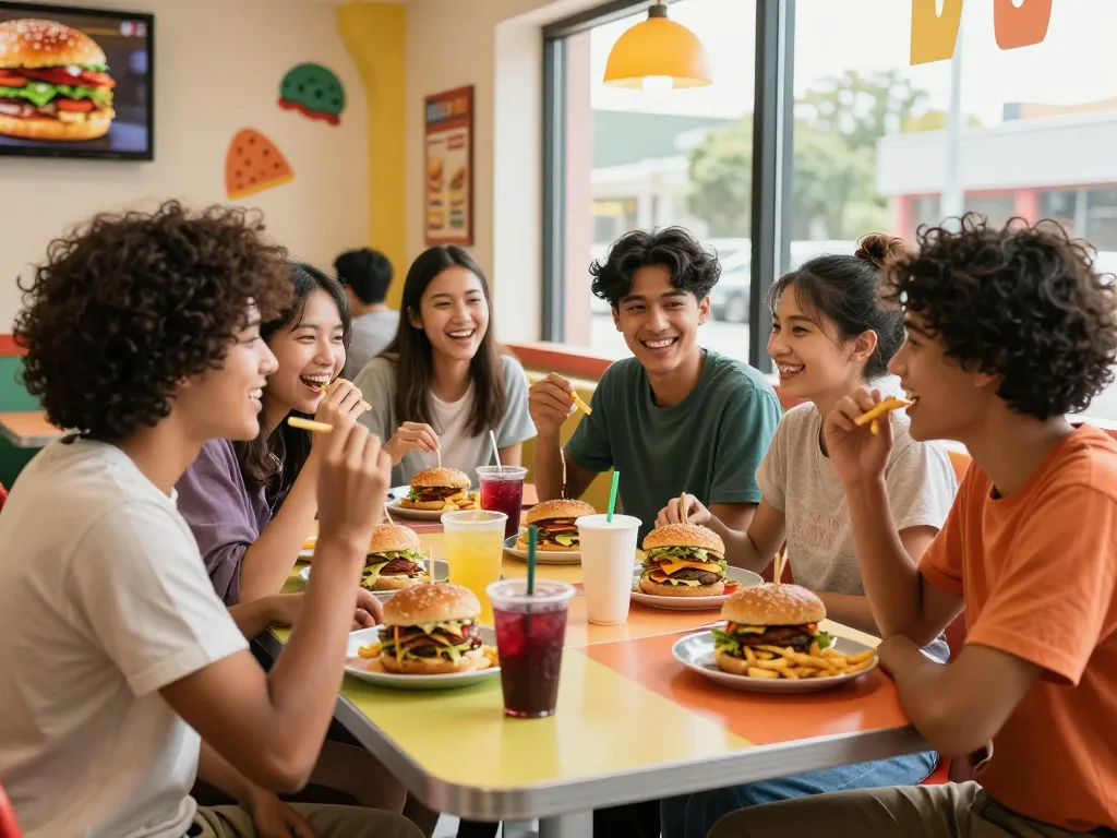 Friends enjoying fast food prices at a lively restaurant, showcasing delicious meals and a vibrant atmosphere.