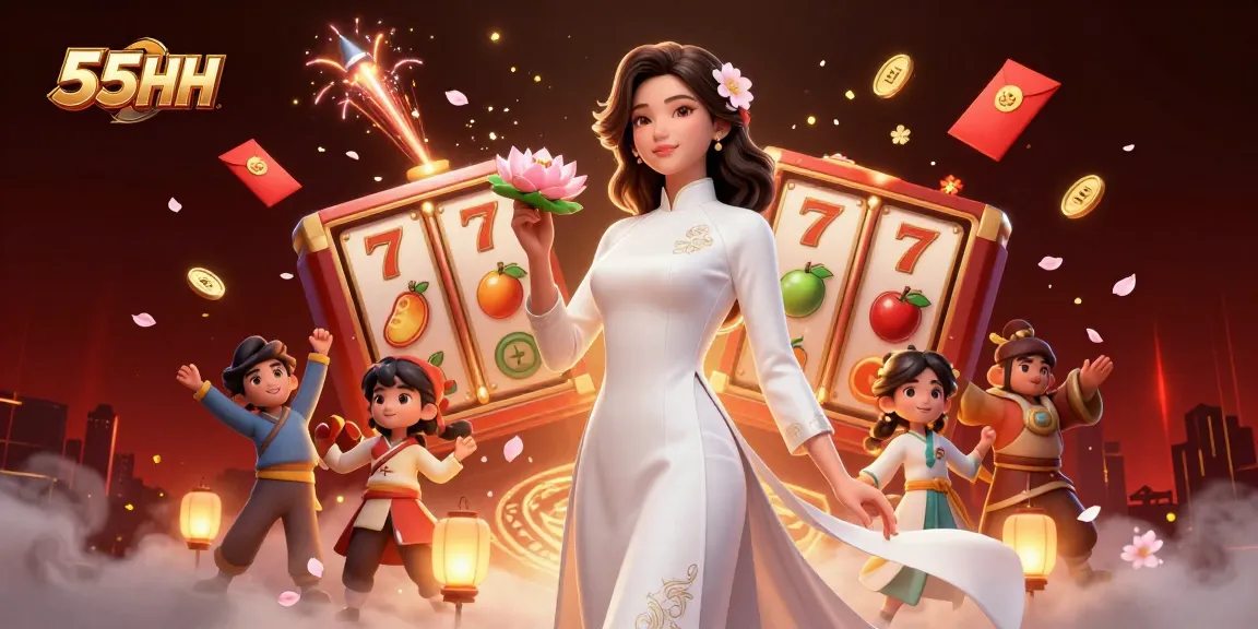 Experience excitement with 55HH as colorful slot reels and elegant characters create a vibrant casino atmosphere.
