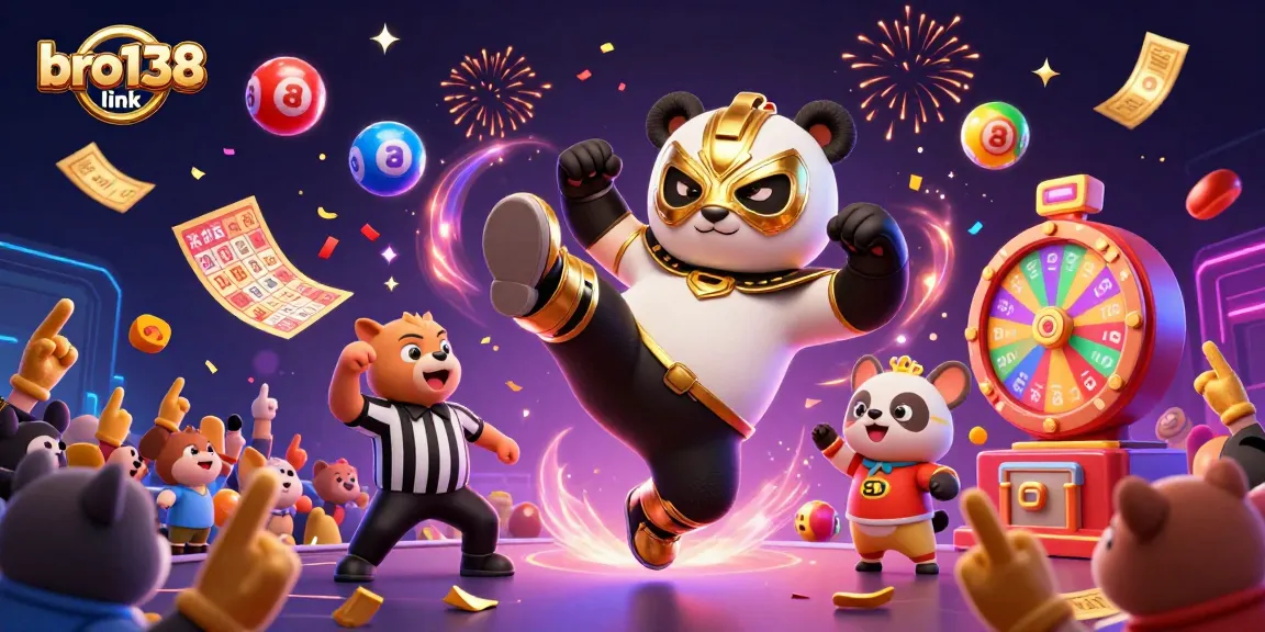 Engage with the excitement of the bro138 link as a panda wrestler takes flight amidst colorful gaming elements.
