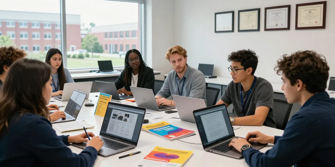 University and trade schools graduates collaborating on projects in a modern classroom, showcasing interactive learning and professional growth.