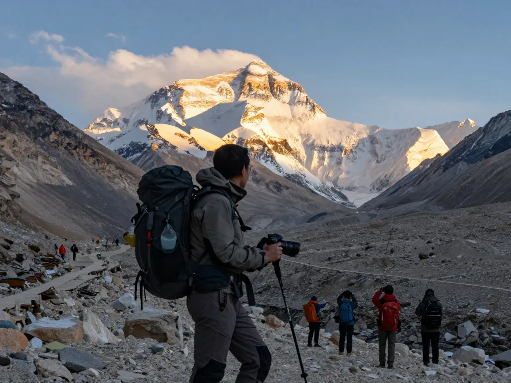 Stunning Everest Base Camp Heli Trek scene with adventurers amidst majestic peaks at sunrise