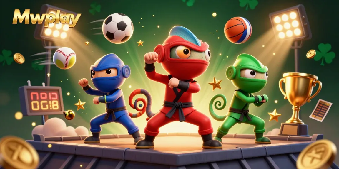 Mwplay engages players with a dynamic 3D illustration of a ninja chameleon team in a vibrant casino scene.
