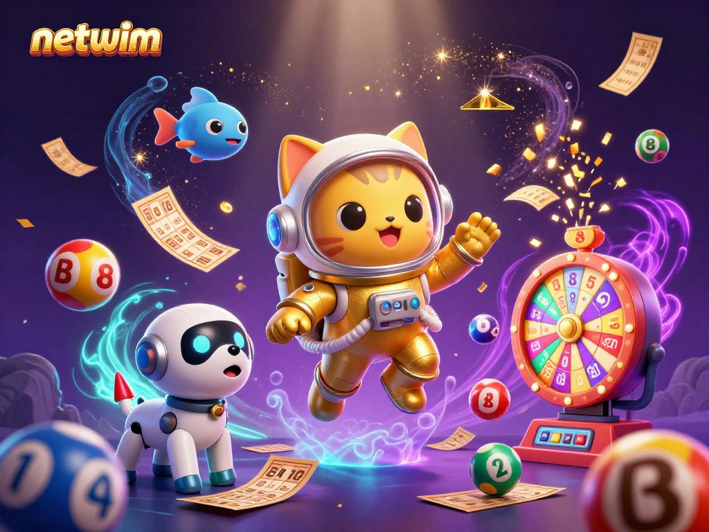 Experience thrilling games at netwim with a vibrant illustration of a space cat and dynamic lottery elements.