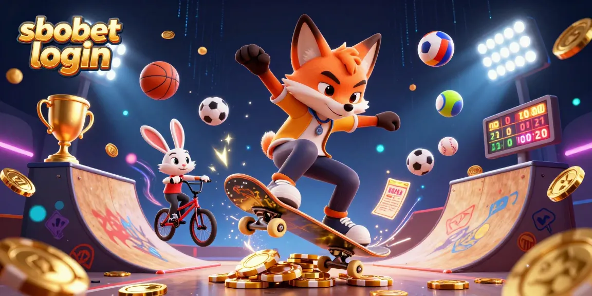 SboBet login with exciting dynamic 3D digital illustration featuring a skateboarder fox and BMX rabbit amidst vibrant casino elements.