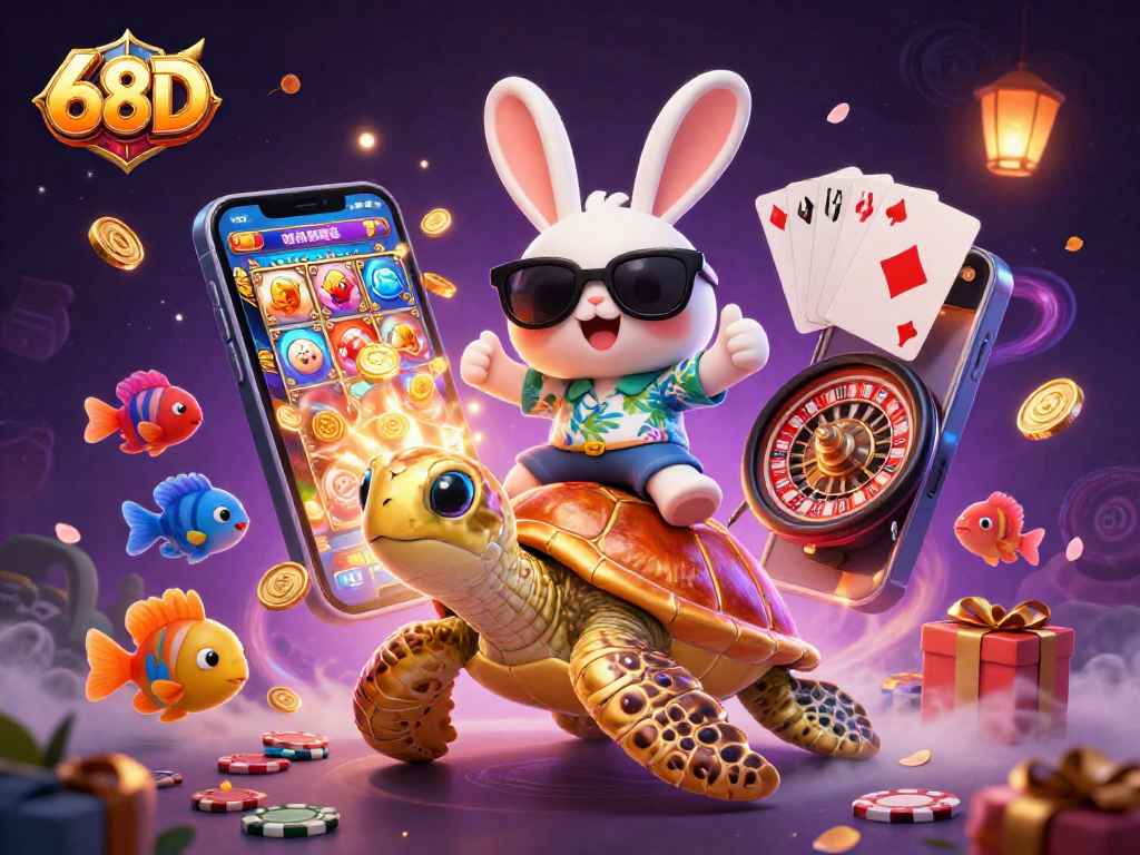 Ilustração 3D vibrante da 68D com coelho da sorte e tartaruga dourada, jogando em um cassino.