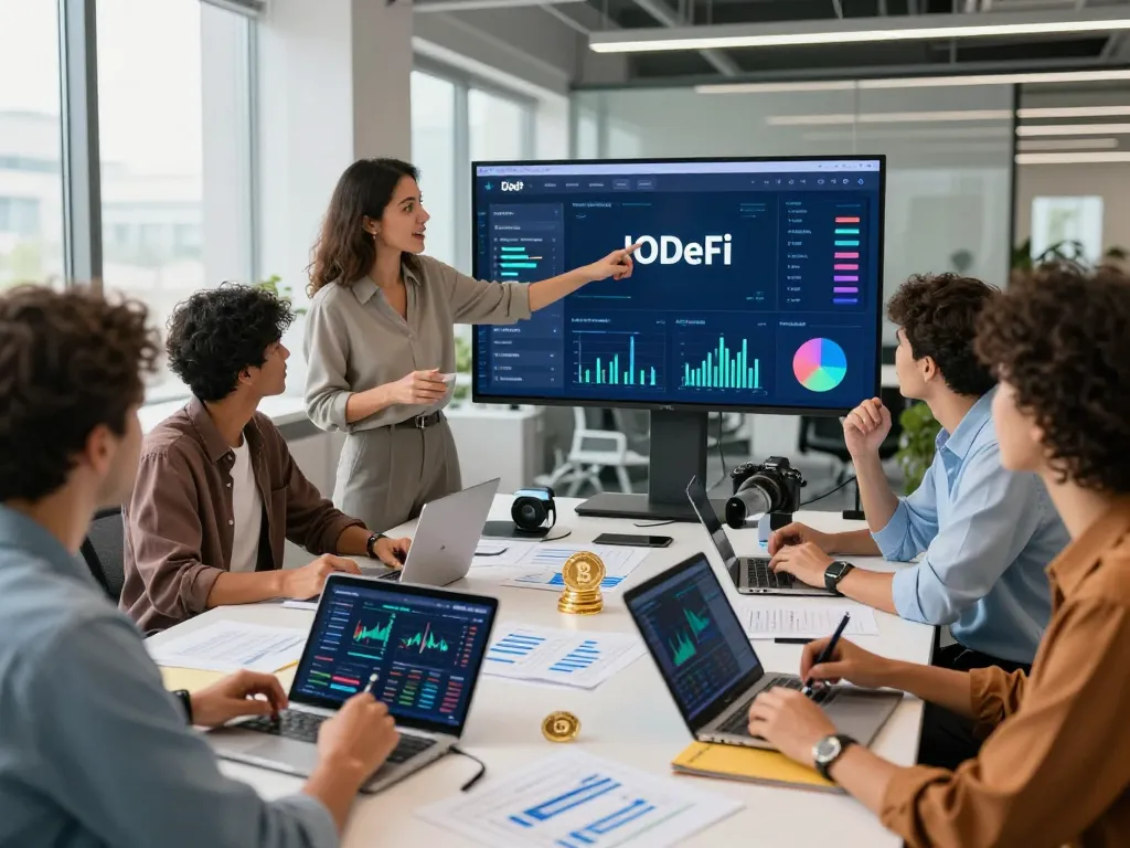 Team discussing the innovative IODeFi platform in a modern fintech workspace