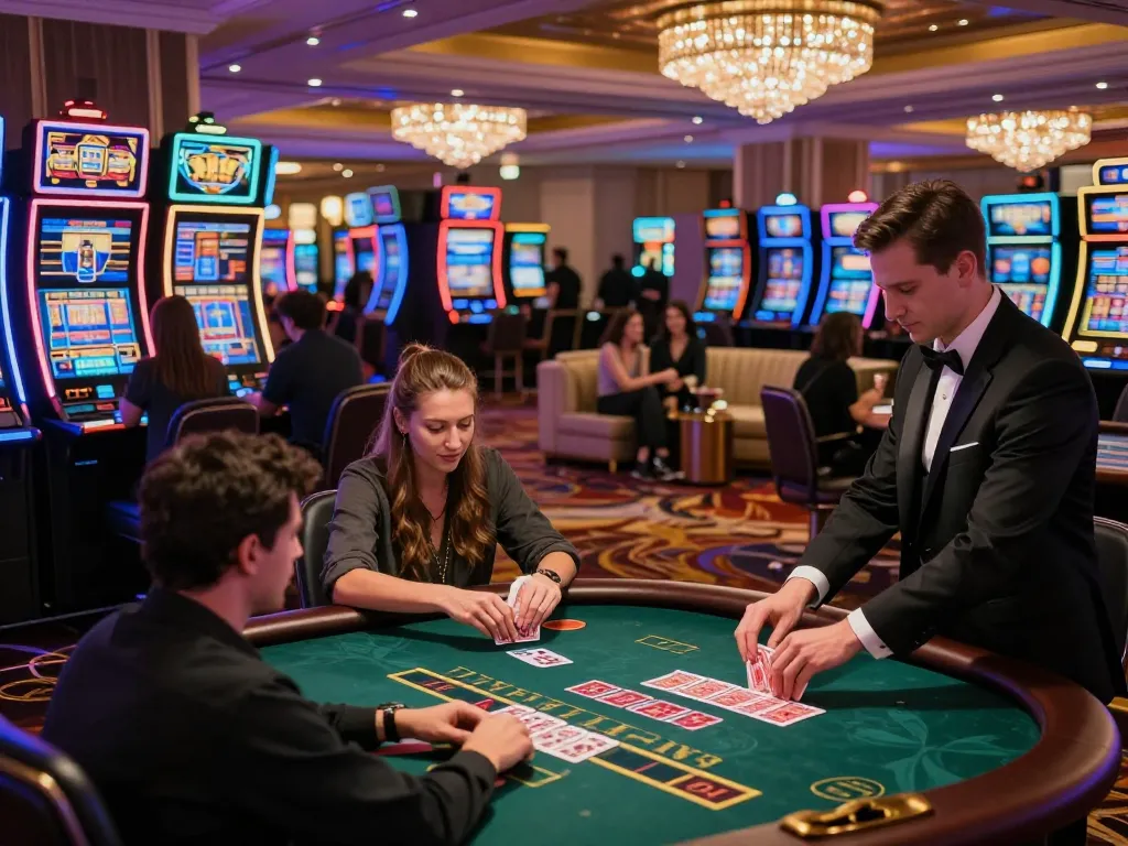 Onbet players strategizing at blackjack table in vibrant casino atmosphere