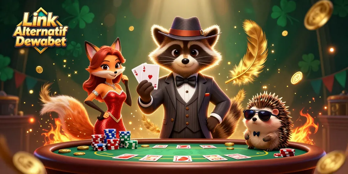 Play to win with Link Alternatif Dewabet in this vibrant poker-themed scene featuring charming characters.
