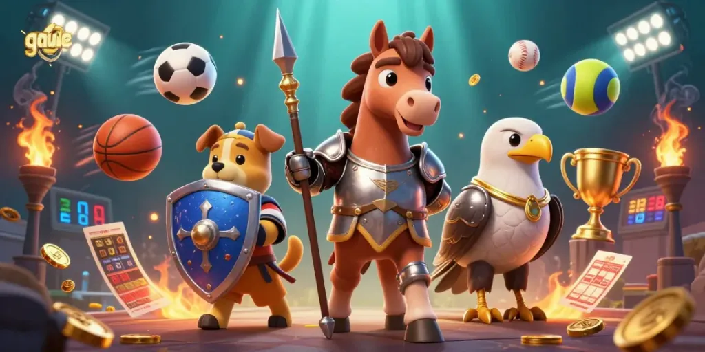 Experience the thrill of gatude with a 3D illustration of a knight and puppy surrounded by dynamic gaming elements.