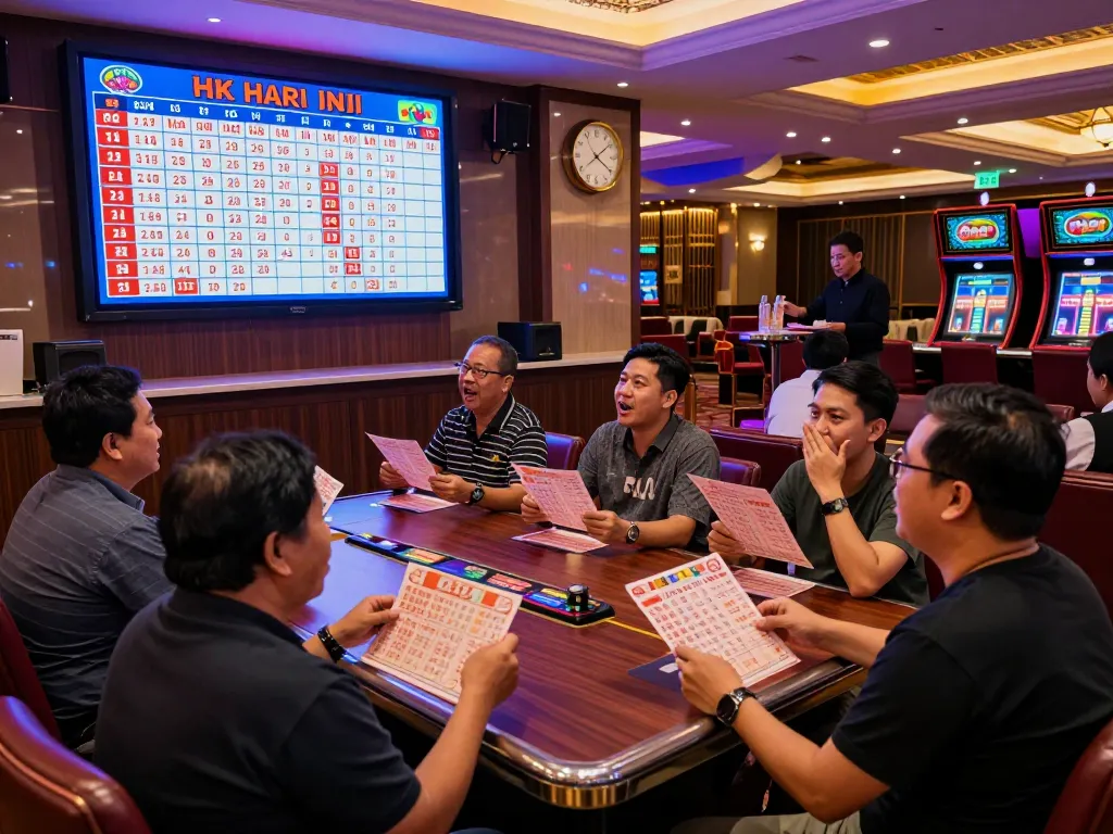 Exciting scene of players watching HK Hari Ini lottery results in a vibrant casino setting, showcasing enthusiasm for Togel Hongkong.