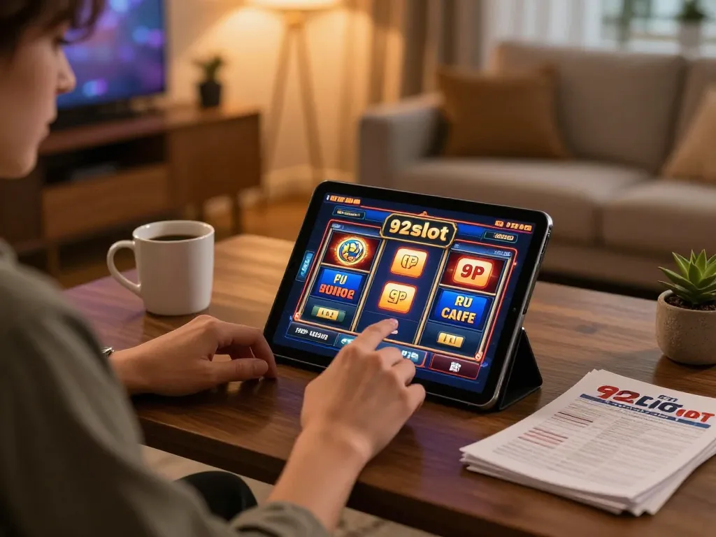 Engaging with 92slot online slots on a tablet in a cozy home setting with warm lighting.