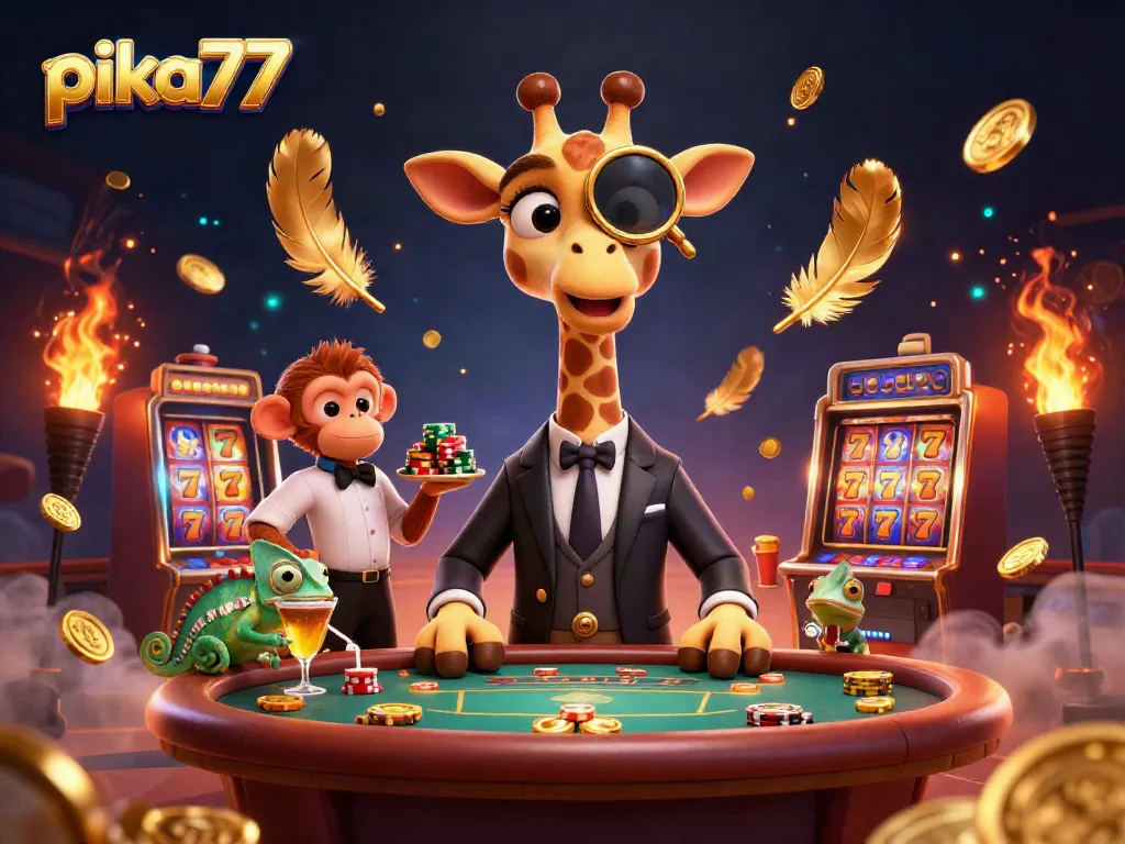 Experience thrilling gameplay at pika77 with a cartoon giraffe high-roller at a VIP poker table.