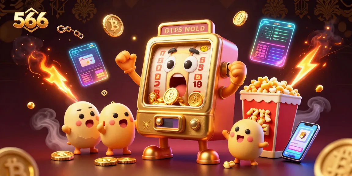 Engage with the thrilling 566 jackpot experience as the golden slot machine celebrates wins amid a cascade of coins.