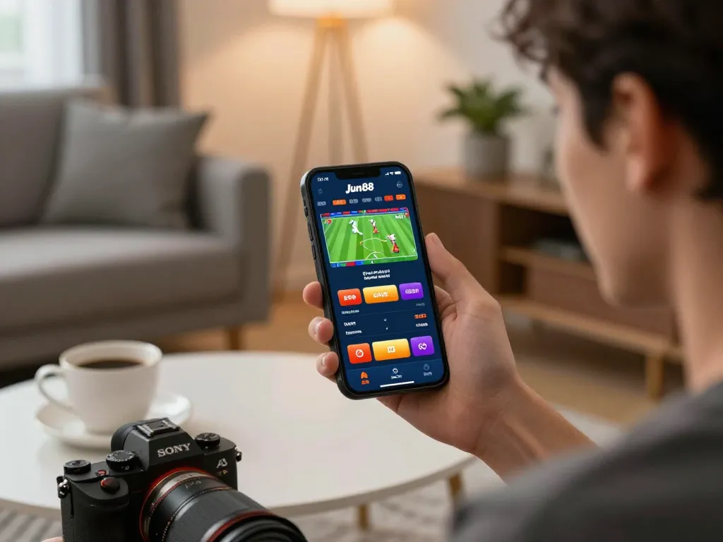 Engaging in sports betting through Link vào Jun88 on a smartphone in a cozy home setting.