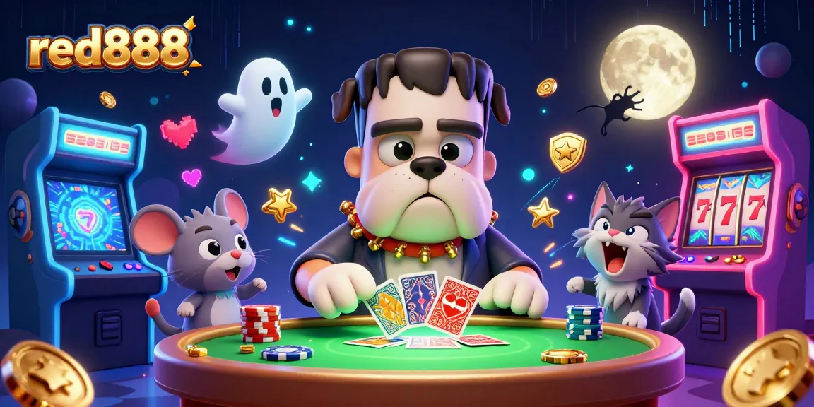 Engage in thrilling card games with red888's 3D cartoon characters in a vibrant casino scene.