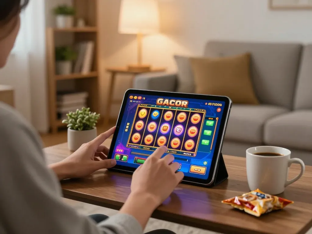 Engaging gameplay on a tablet with slot gacor reels in a cozy home setting, relaxing atmosphere.