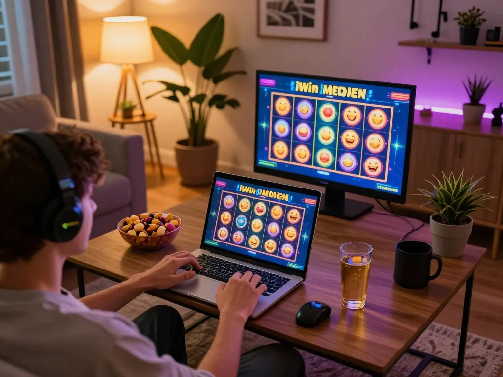 Player engaging with iWin slot games on laptop in a cozy home setup, showcasing exciting gameplay