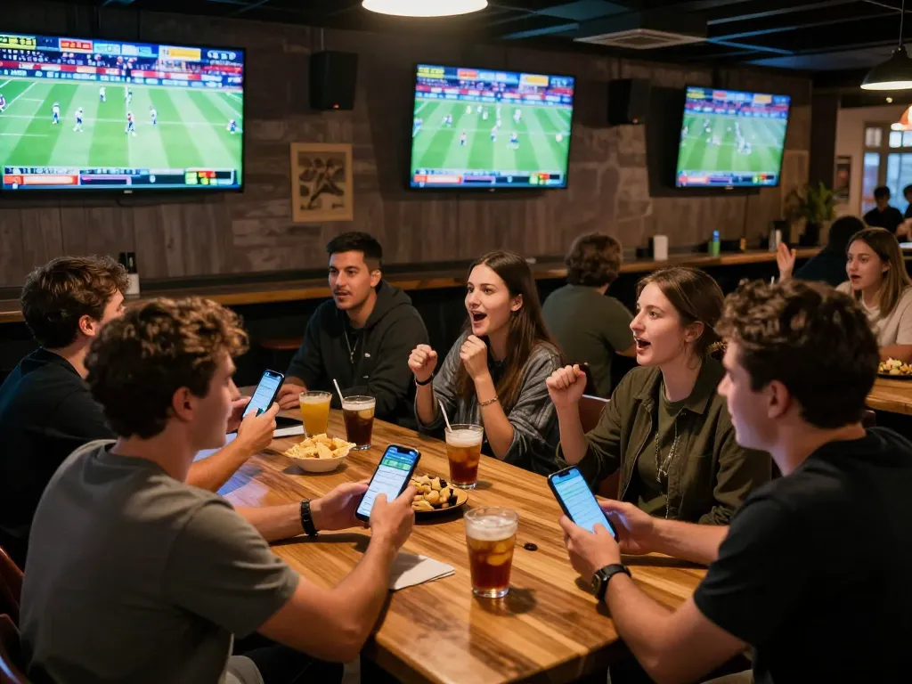Engaging sports betting scene with patrons using mobile apps and enjoying games, highlighting debet activity