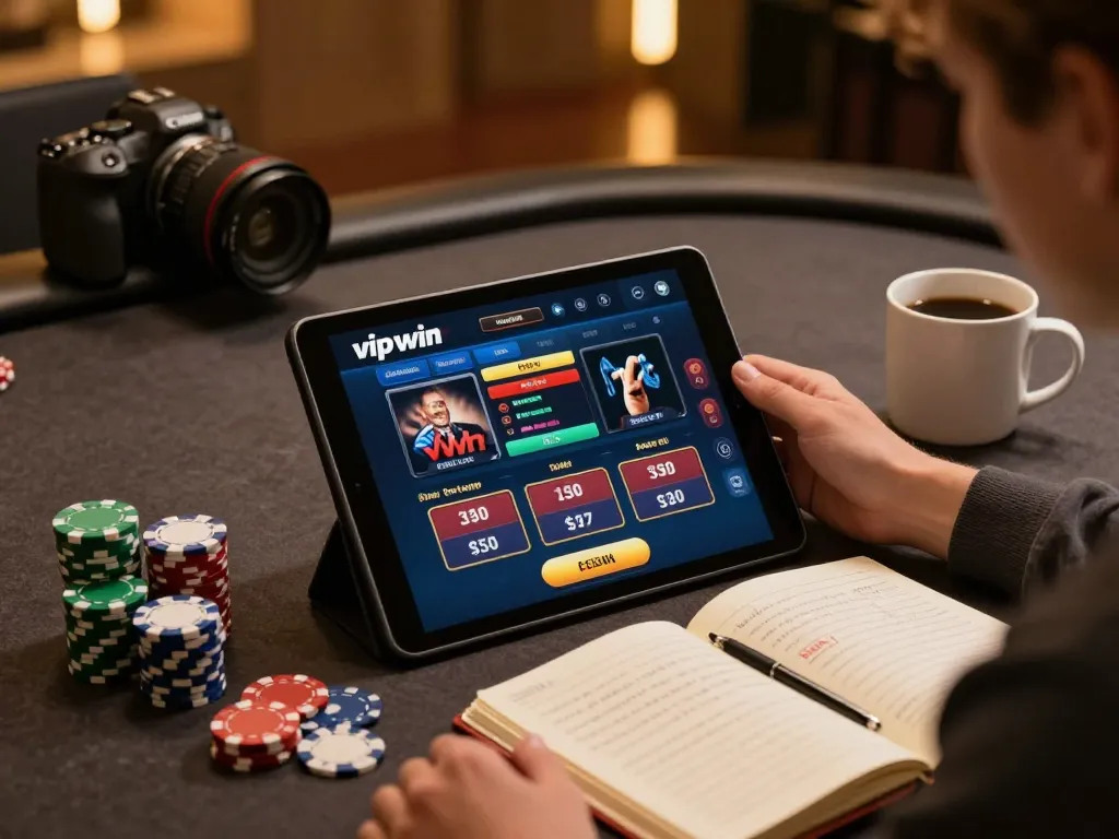 Gambling enthusiast enjoying vipwin online casino on tablet, surrounded by strategy notes and poker chips.