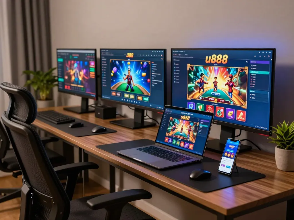 Engaged player enjoying u888 online casino games on multiple screens, showcasing immersive gaming setup.