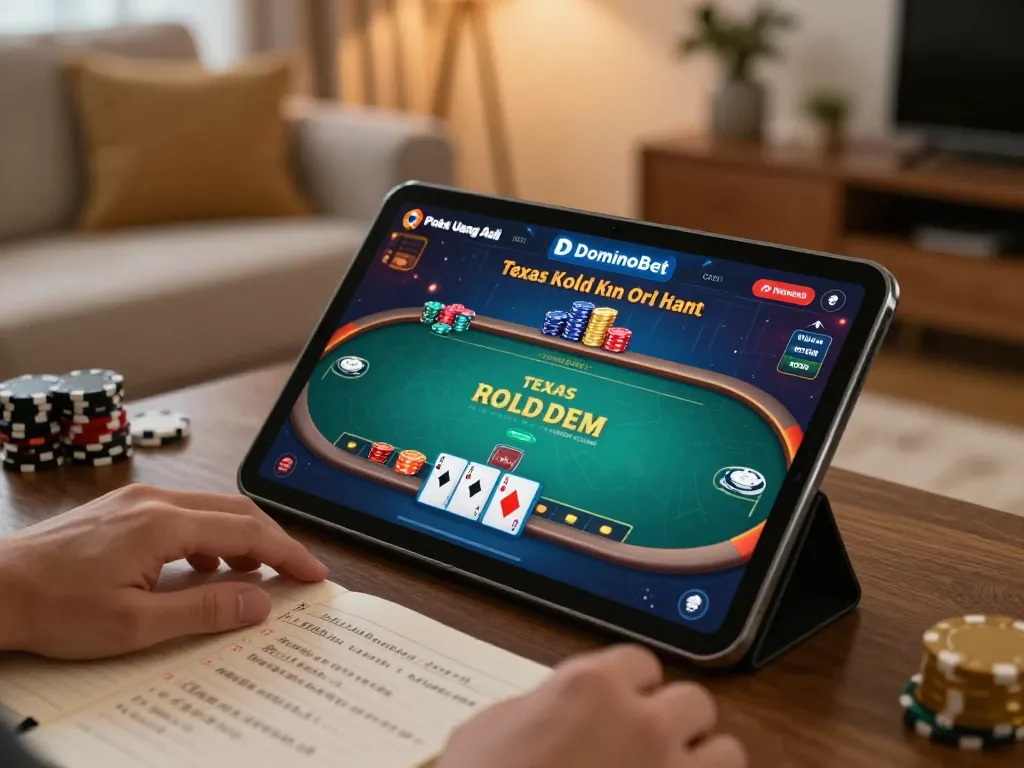 Experience Poker Uang Asli Dominobet in an engaging online game on a cozy tablet.