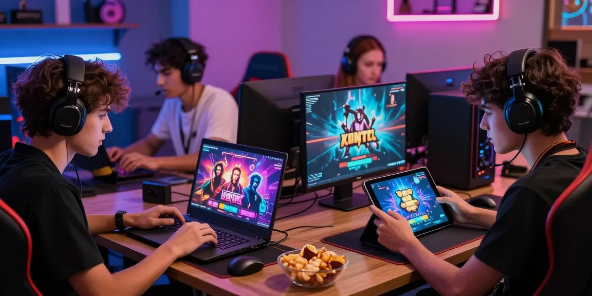 Engaged gamers playing porngame on various devices in a vibrant gaming setup.