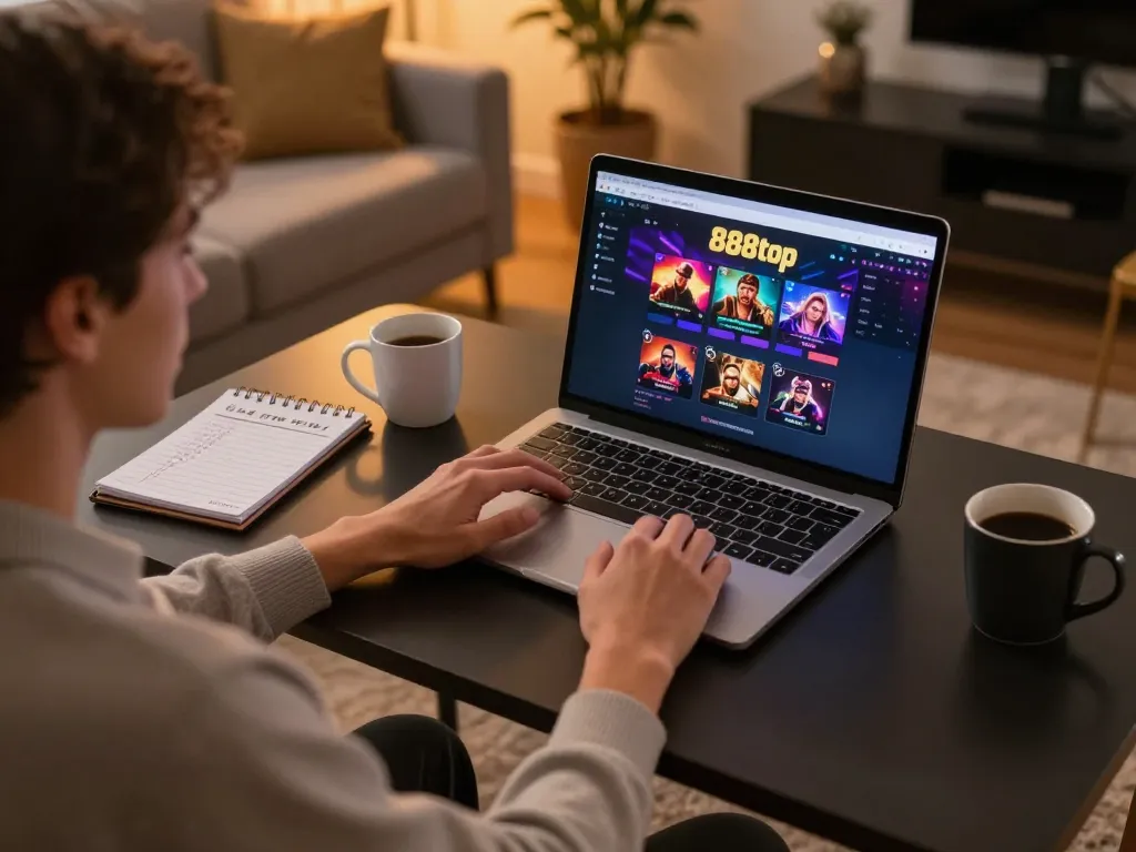 Player enjoying a strategic game on 888top online casino, showcasing a cozy home setting.