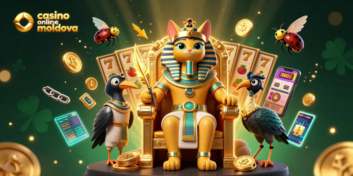 Câștigă cu noi sloturi la casino online moldova, împreună cu simboluri norocoase și personaje egiptene.