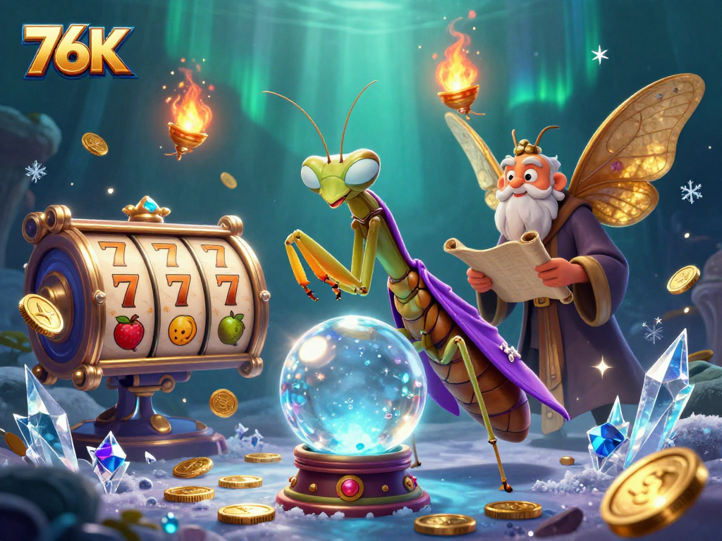 Explore uma cena de jackpot de 76K, com símbolos de frutas e moedas de ouro em um ambiente de cassino envolvente.