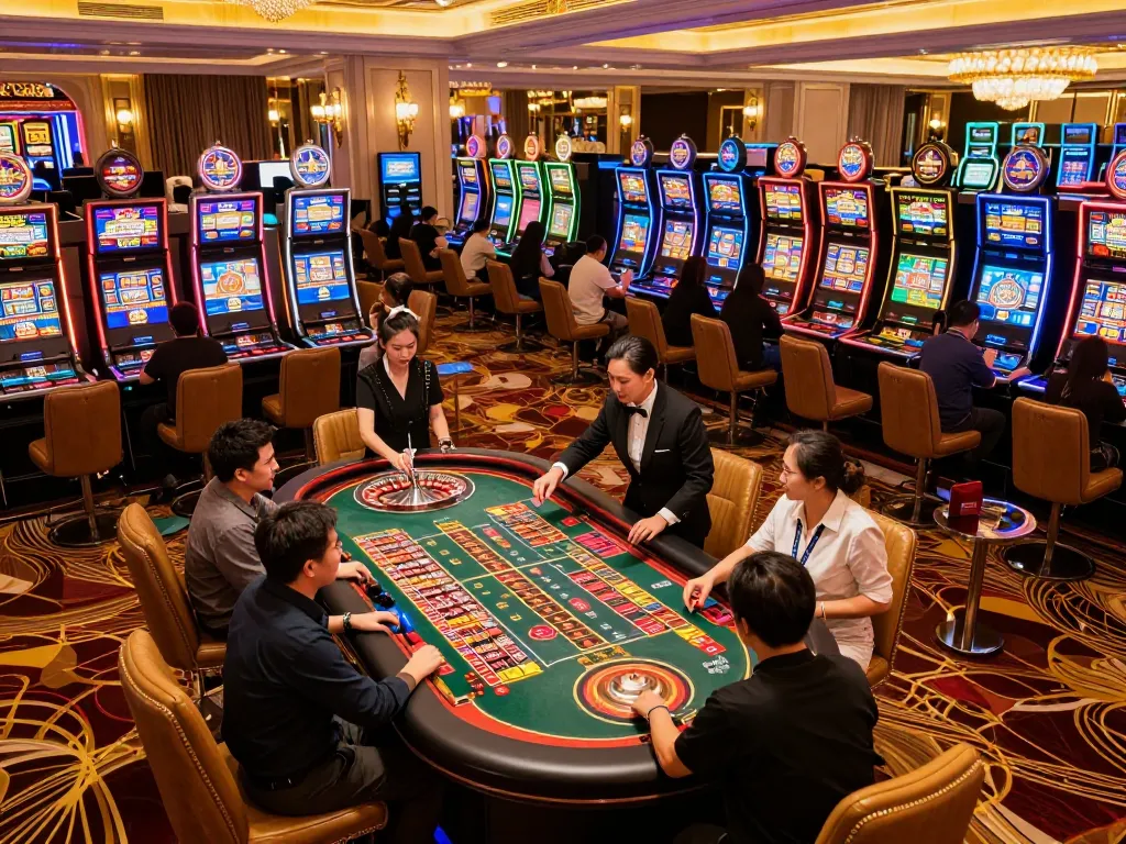 Paito macau gameplay showcasing players engaged around a roulette table in a lively casino setting