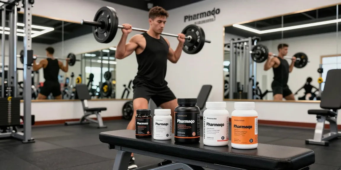 Pharmaqo Shop athlete training with steroids in modern gym setting.