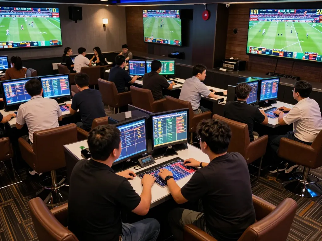 Bongdalu sports betting lounge full of enthusiastic bettors analyzing odds and placing bets.