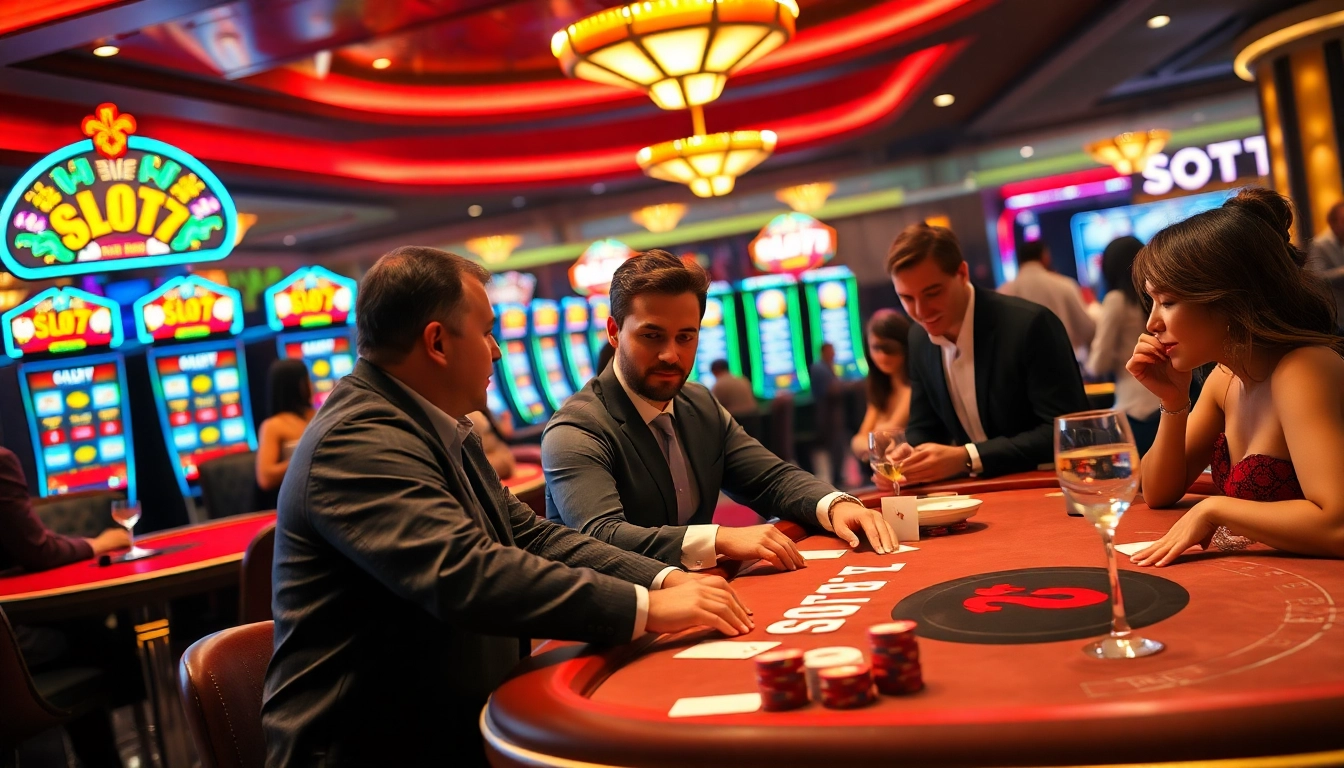 Bermain Slot77 di meja kasino yang hidup bersama dealer yang menarik perhatian dan pemain yang bersemangat.