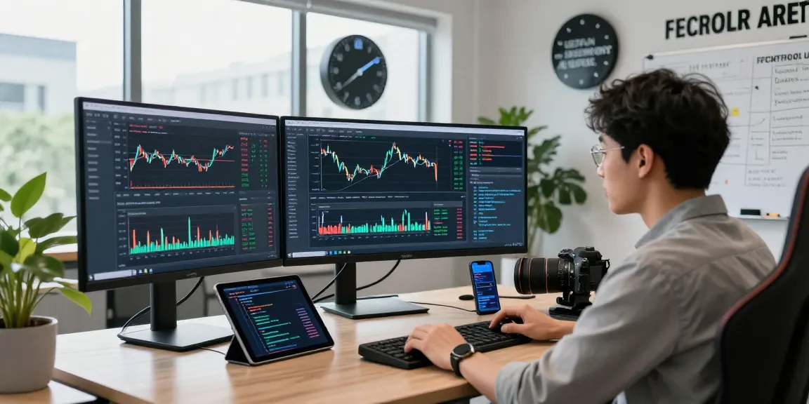 Developer analyzing futures high frequency tick API data in modern workspace with market graphics and coding screens.