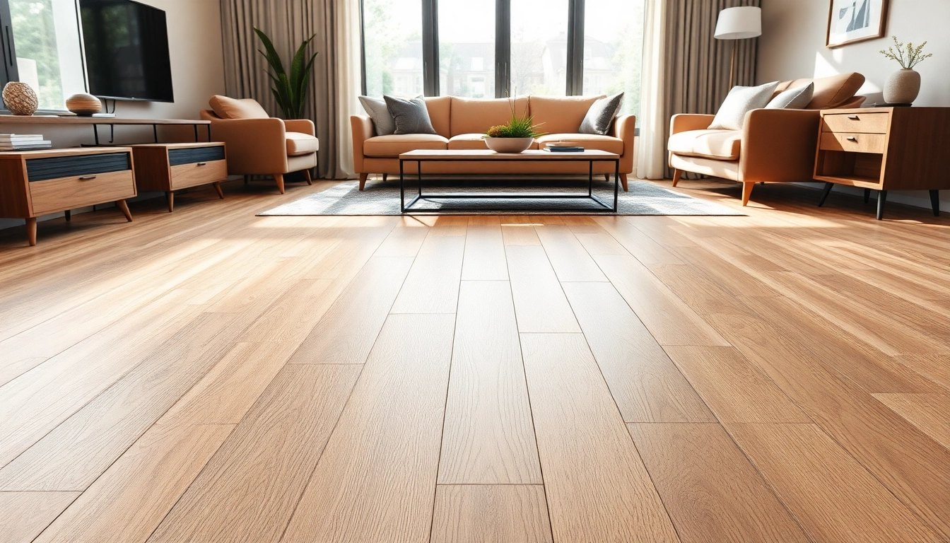 Install flexible vinyl plank flooring in a warm living room setting with natural light and modern decor.