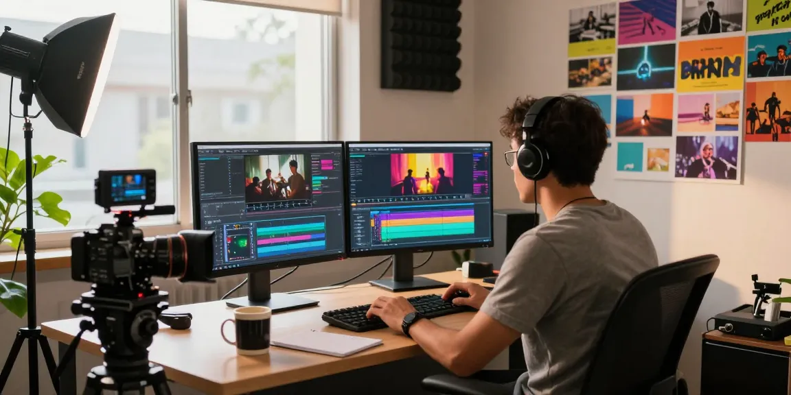 Learn color correction and cinematic grading in a vibrant video editing studio with monitors and creative tools.