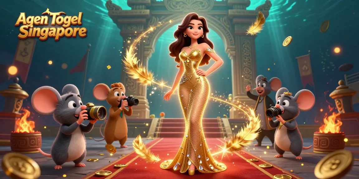 Agen Togel Singapore showcases vibrant live lottery action with a glamorous character, vibrant details, and casino elements.