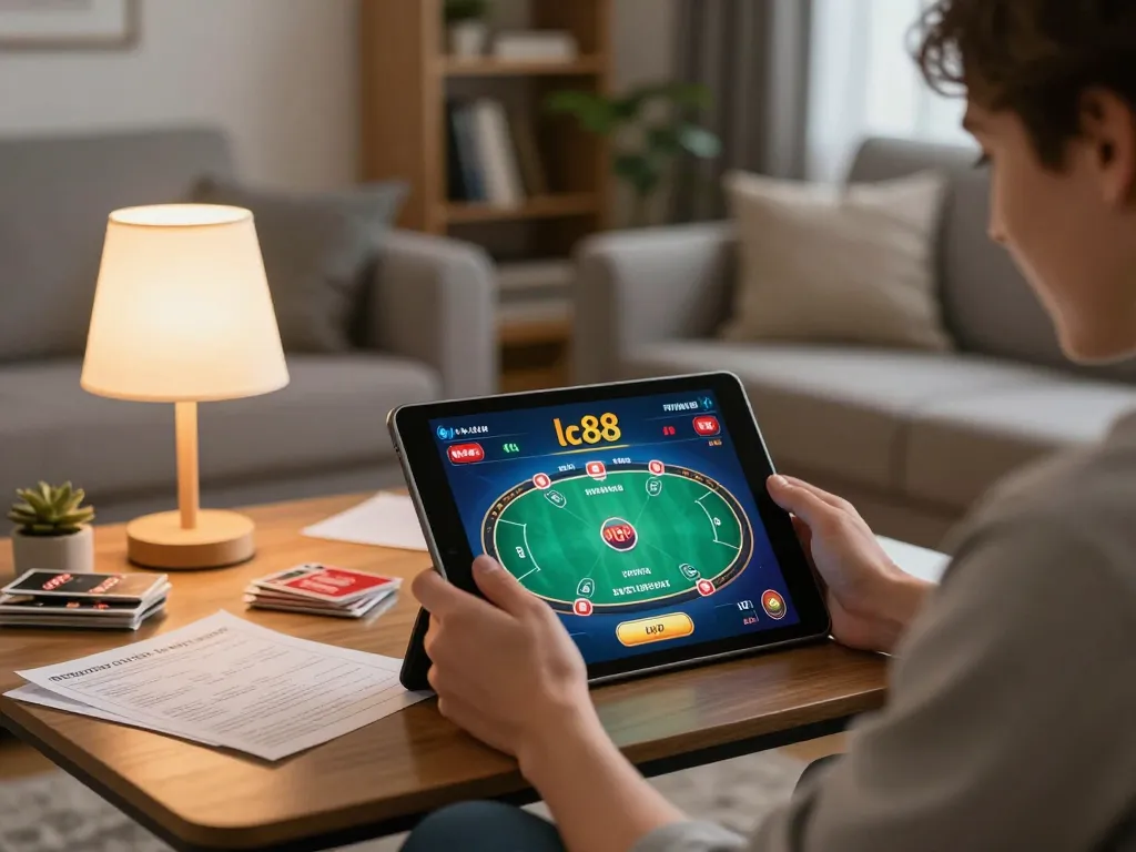 Engaging with the app lc88 on a tablet in a cozy home setting, highlighting online casino gaming.