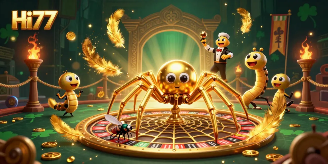 Bet with Hi77 while a fly nervously places bets at a golden roulette wheel in a vibrant casino