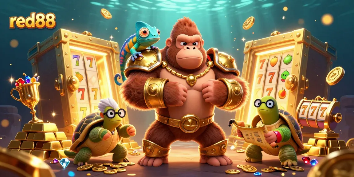 Engage with the dynamic scene of red88 featuring a gorilla king, treasures, and slot elements.
