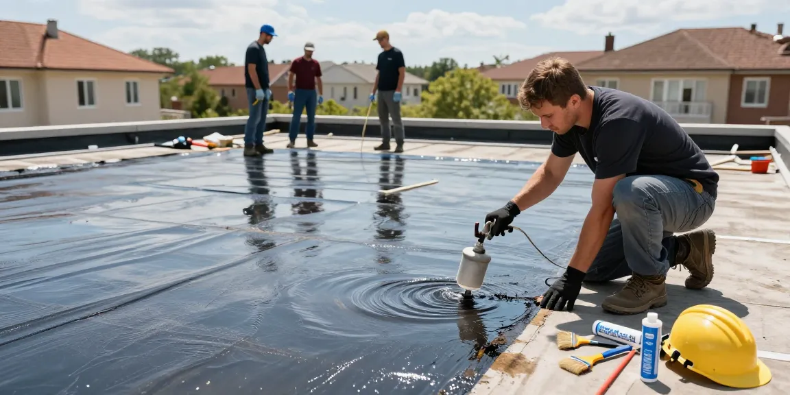 Experience impeccable waterproofing services by skilled professionals ensuring quality application on a flat roof.