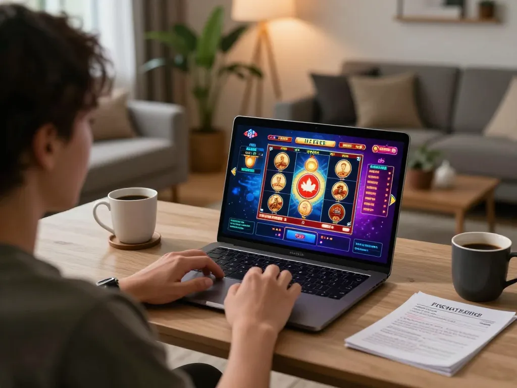 Engaging online casinos in Canada gameplay scene with a player at a cozy home setup