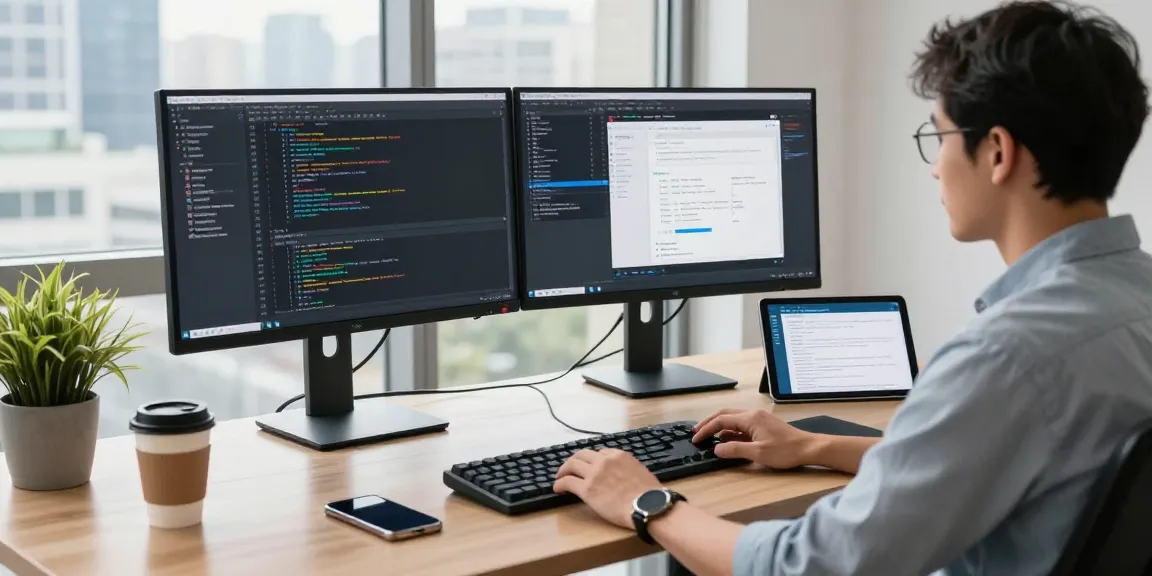 Dynamic workspace illustrating a developer engaged at their desk with dual monitors showcasing 纸飞机官网 development.