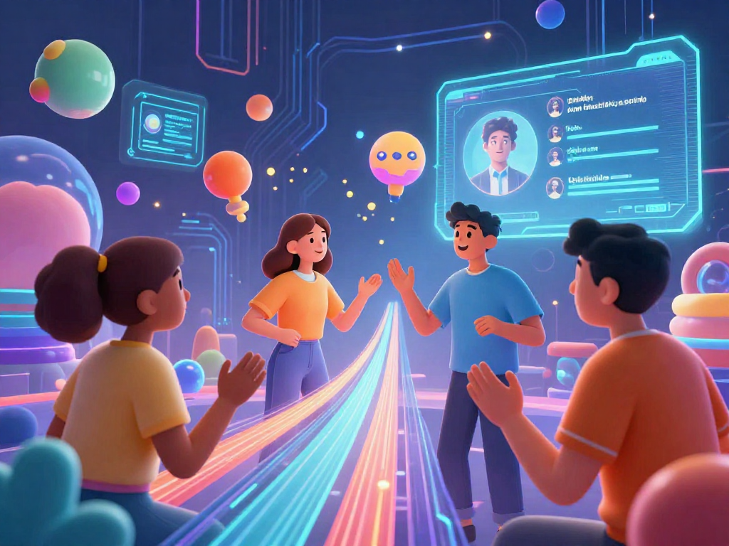 Engaging character AI nsfw interaction in a vibrant virtual space with colorful data streams.