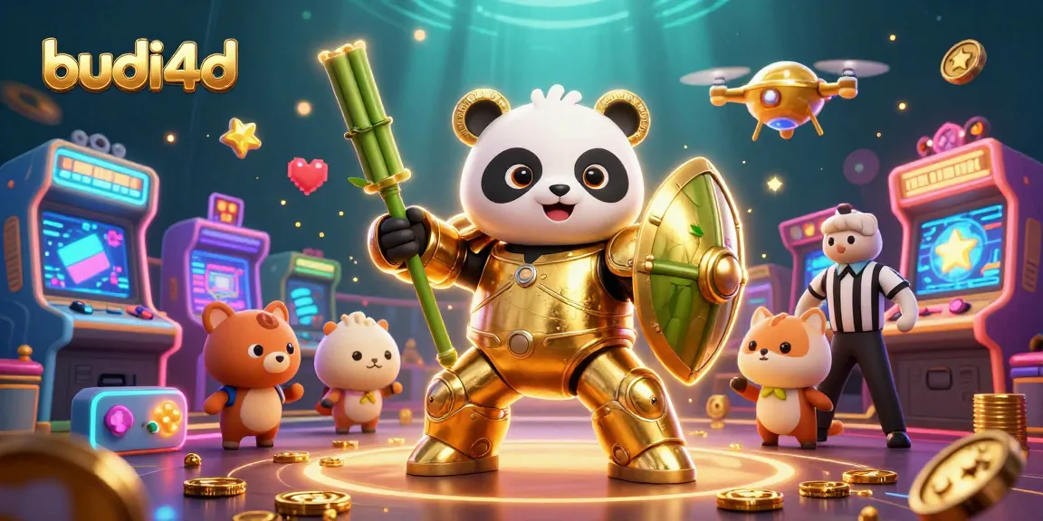 Experience thrilling gaming action with budi4d's vibrant scene featuring a golden panda robot in an energetic arena.