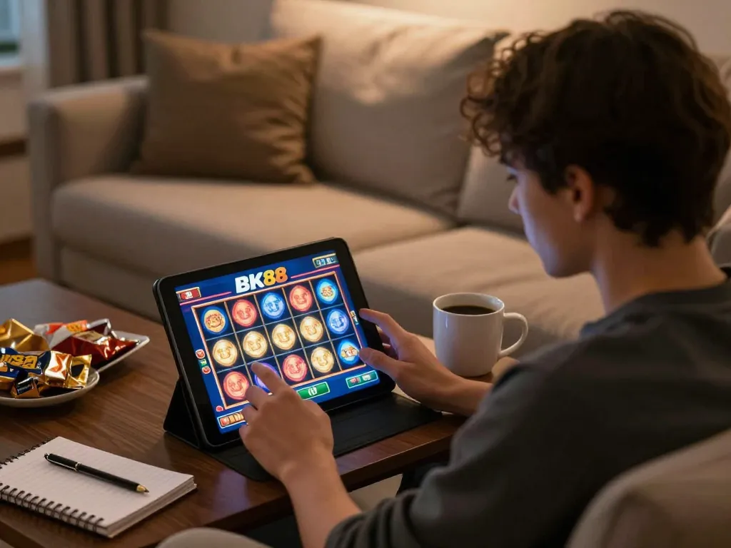 Enjoying BK88 online slots on a tablet while relaxing at home, showcasing comfortable gaming lifestyle