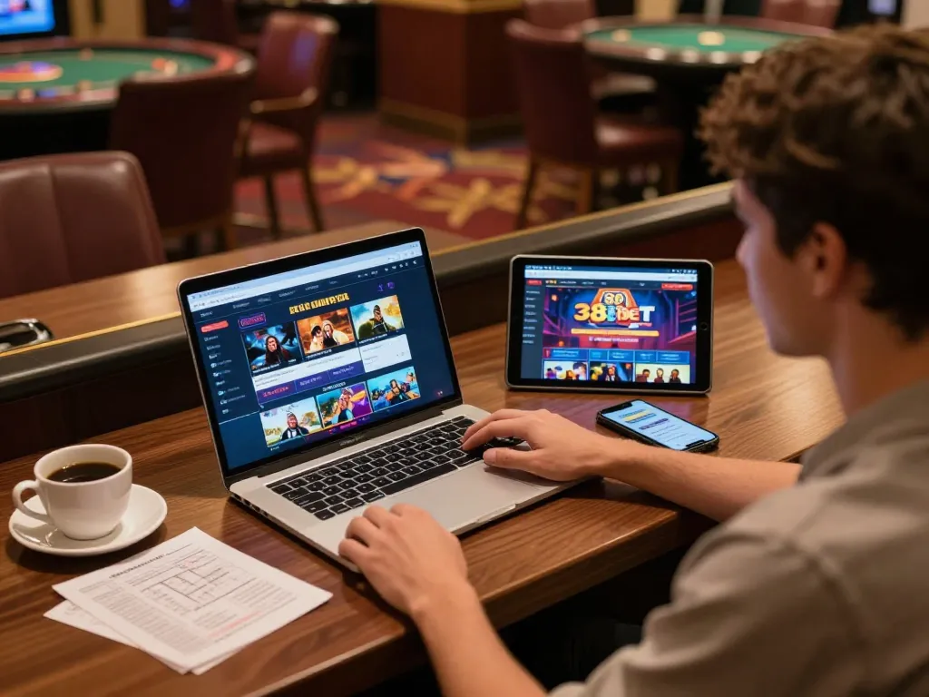 Engaging online gambling experience at 388bet with a cozy home setup and gaming interface.