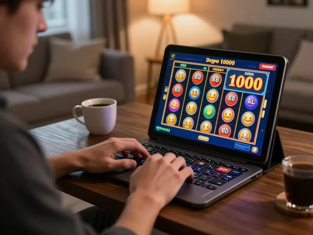 Engaging with slot depo 1000 on a tablet, showcasing vibrant online slots interface in cozy home setting