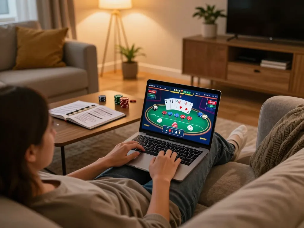 Player strategically engaging in online poker at home with thabet gaming interface on laptop, showcasing a cozy atmosphere.